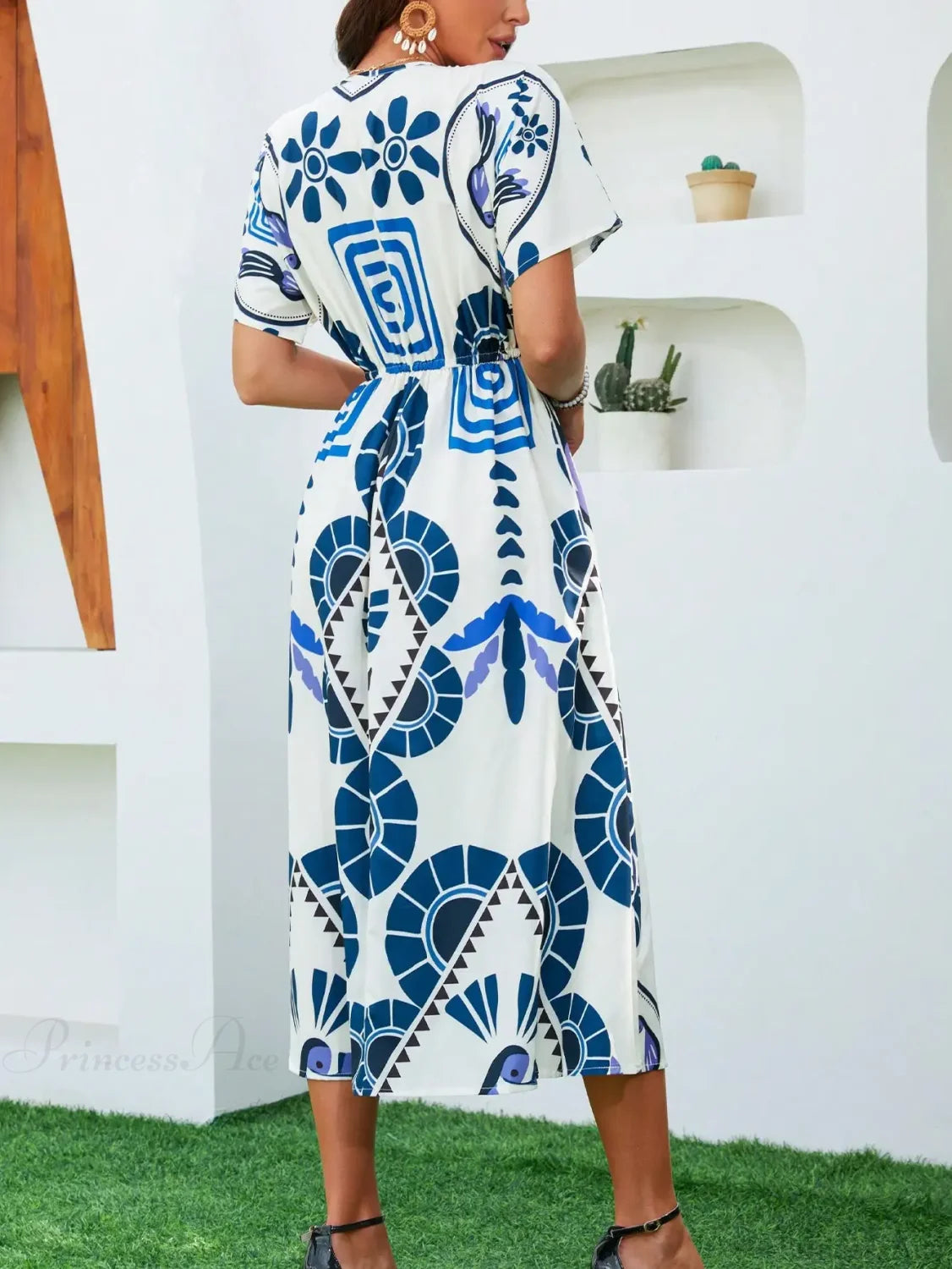 Casual High Waist V-neck Boho Floral Dress oldfloraldress-250126