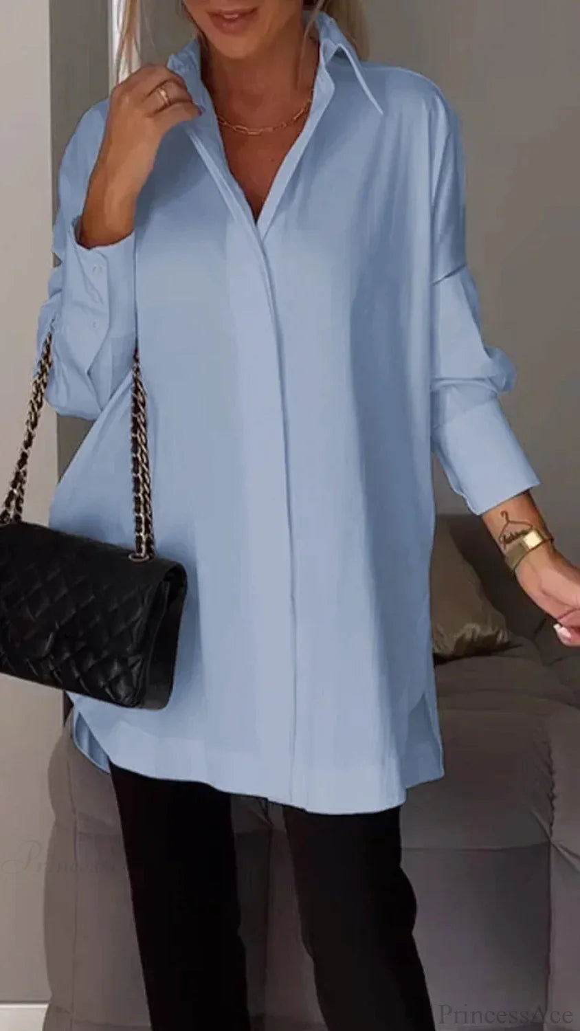 Casual Irregular Pullover Long Sleeve Blouse Light Blue / S blouse-250126