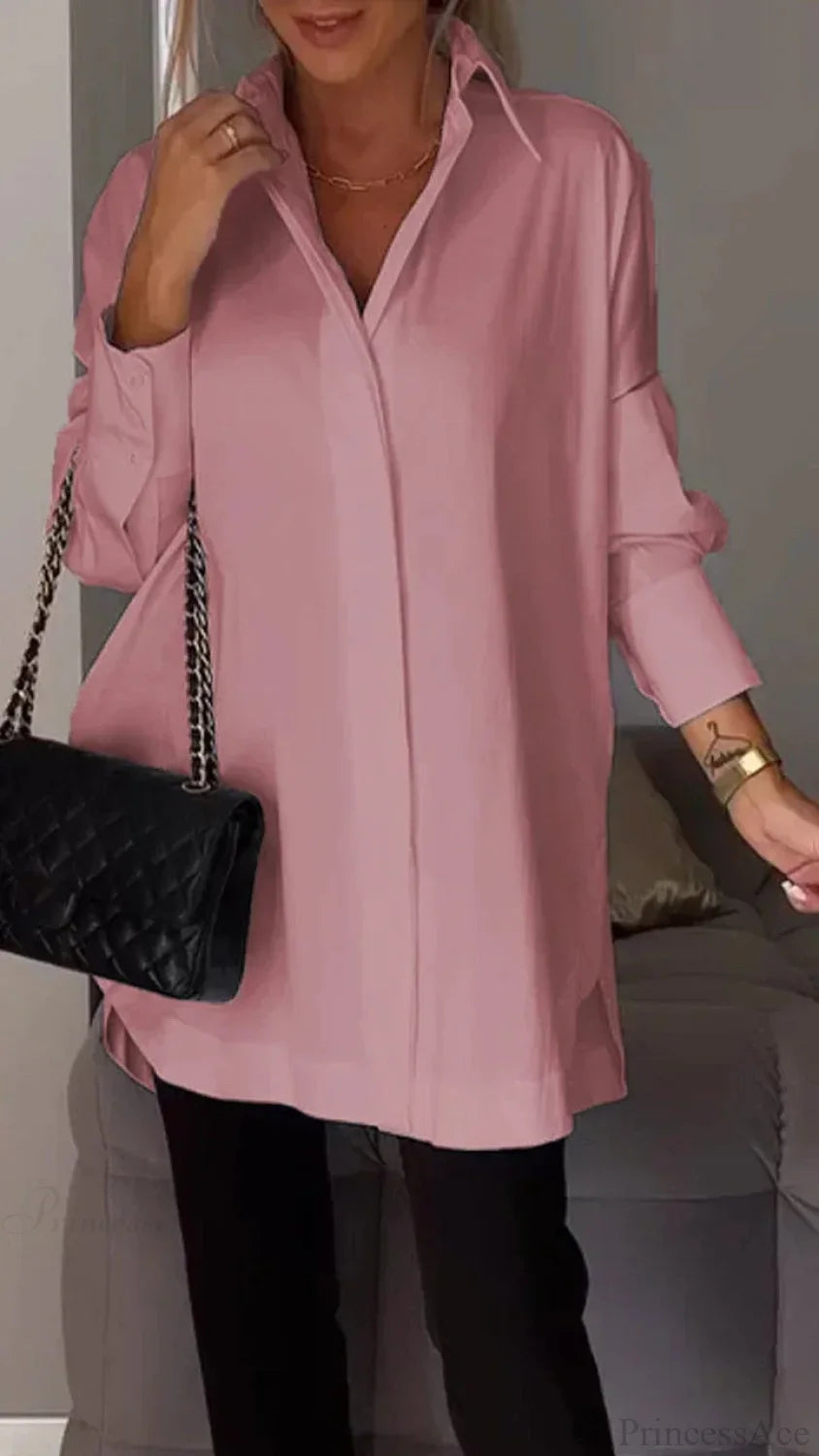 Casual Irregular Pullover Long Sleeve Blouse Pink / S blouse-250126