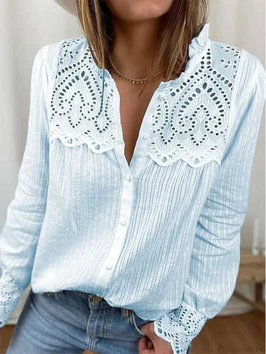 Casual Lace O-neck Loose Blouse Light Blue / S blouse-250126
