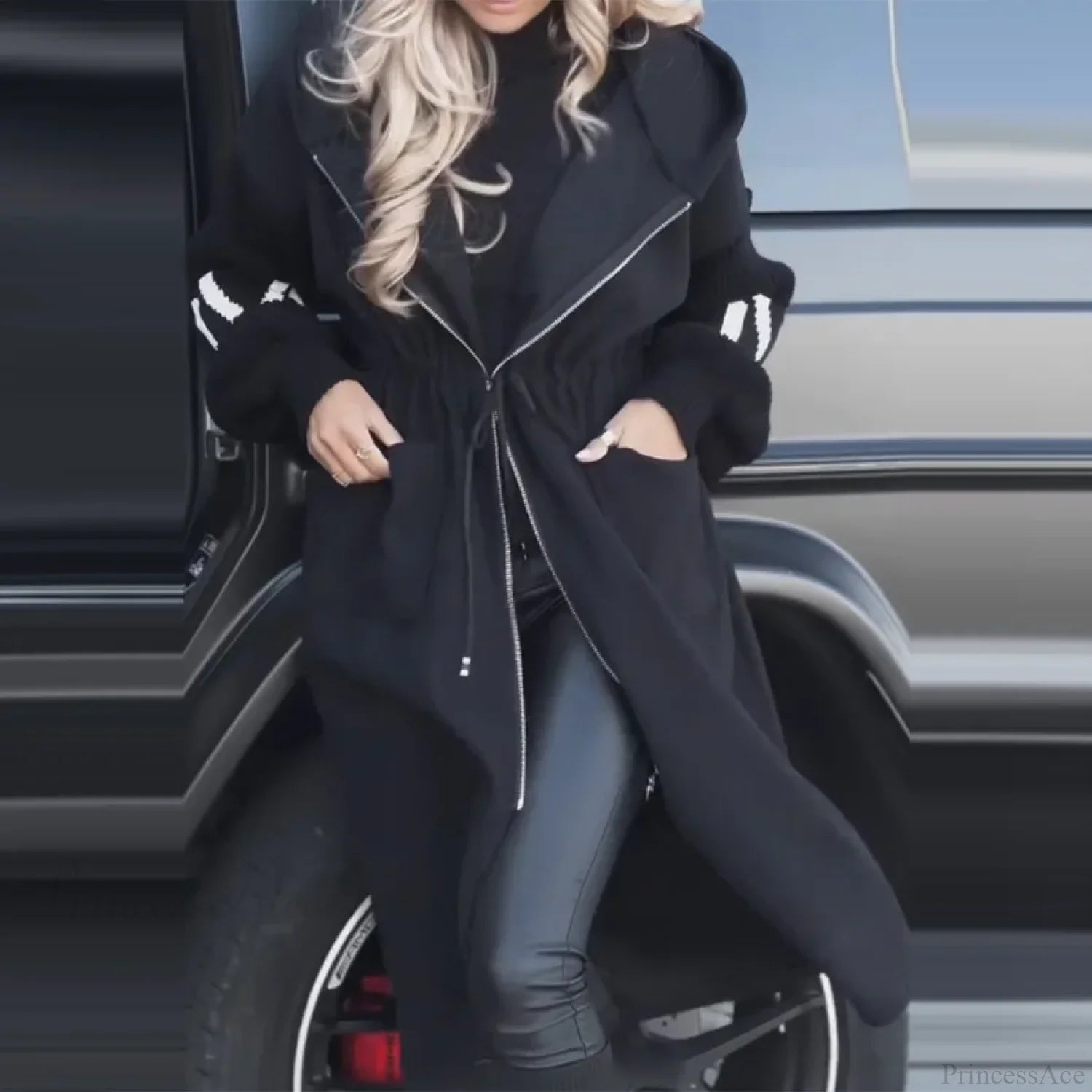 Casual Long Patchwork Lace-Up Overcoat Black / S