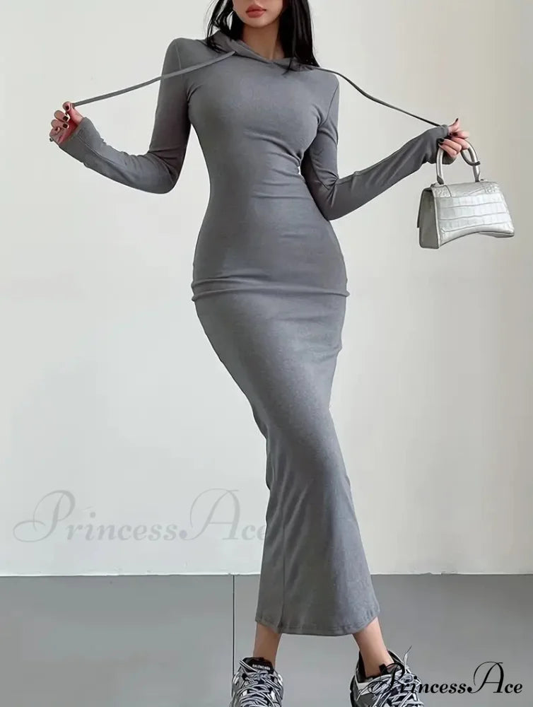 Casual Long Sleeve Drawstring Hooded Bodycon Dress - Black M / Black Long Bodycon Dress