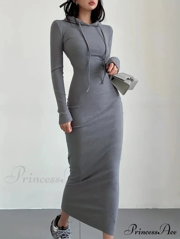 Casual Long Sleeve Drawstring Hooded Bodycon Dress - Black M / Coffee Black Long Bodycon Dress