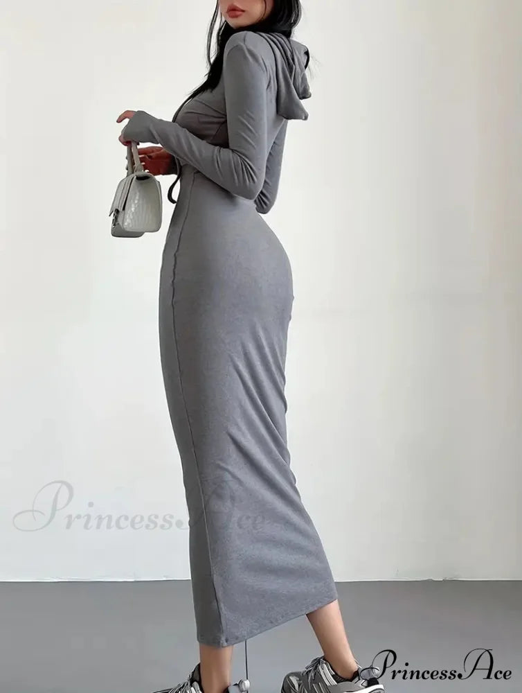 Casual Long Sleeve Drawstring Hooded Bodycon Dress - Black M / Gray Black Long Bodycon Dress