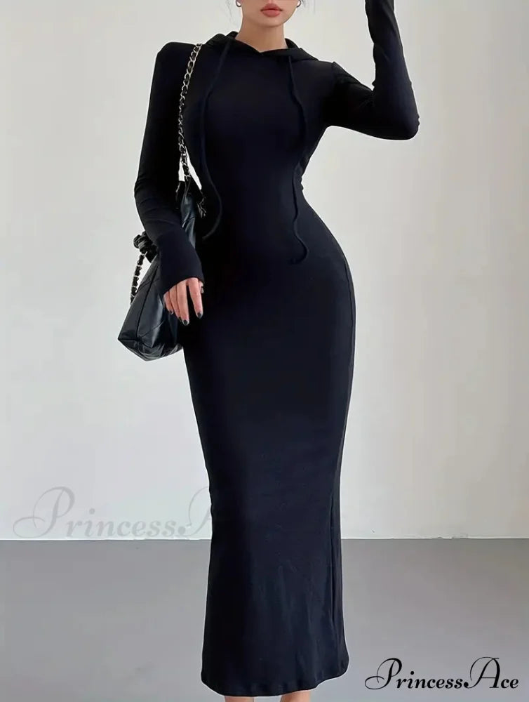 Casual Long Sleeve Drawstring Hooded Bodycon Dress - Black S / Black Long Bodycon Dress