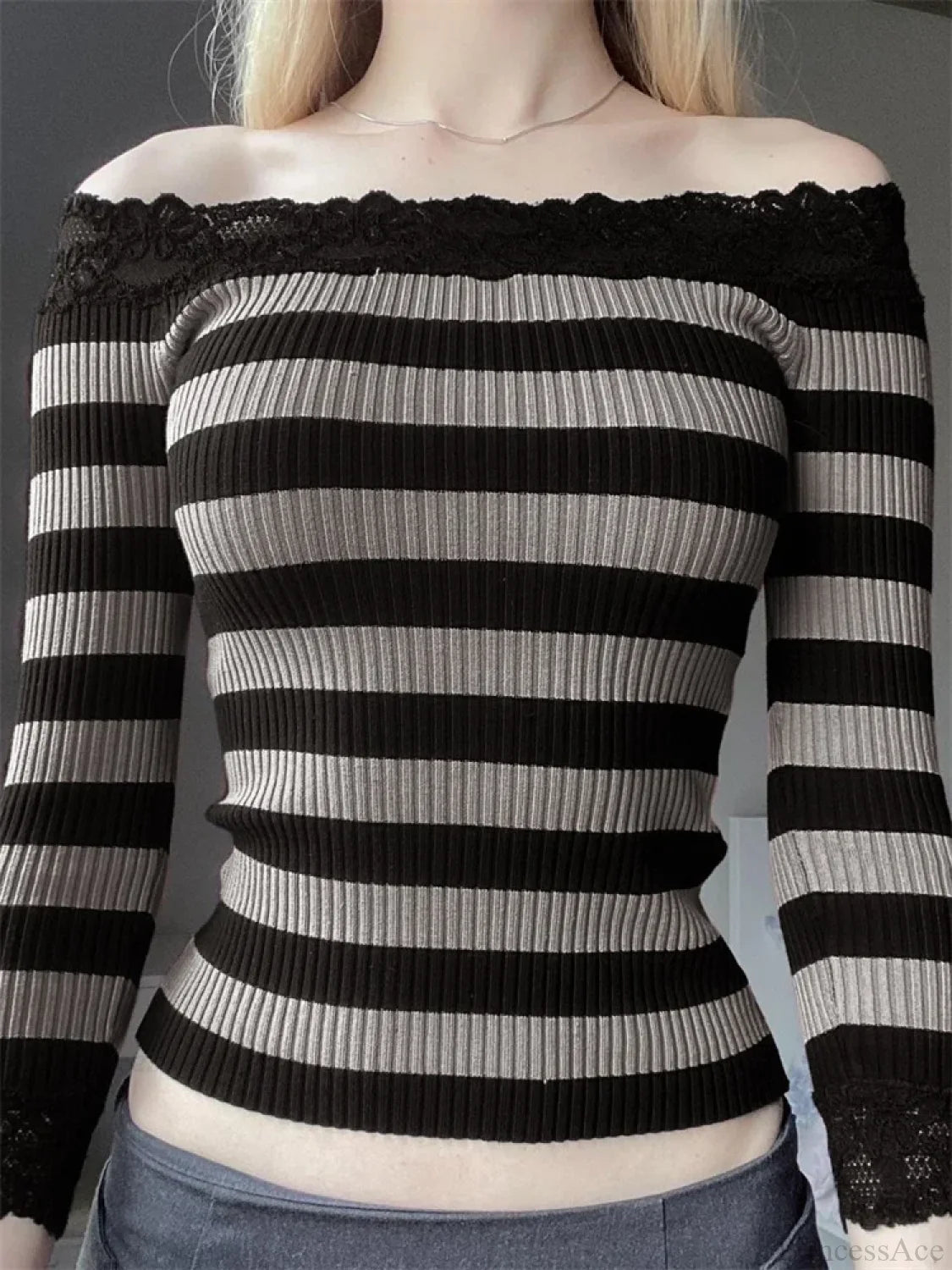 Casual Long Sleeve Retro Striped Off-Shoulder T-Shirts Black / S Sweaters-L