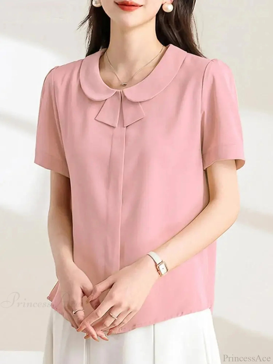 Casual Loose Lapel Solid Color Short Sleeve Blouse Pink / S blouse-250126