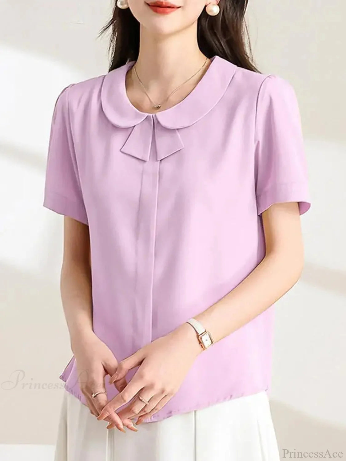Casual Loose Lapel Solid Color Short Sleeve Blouse PURPLE / S blouse-250126