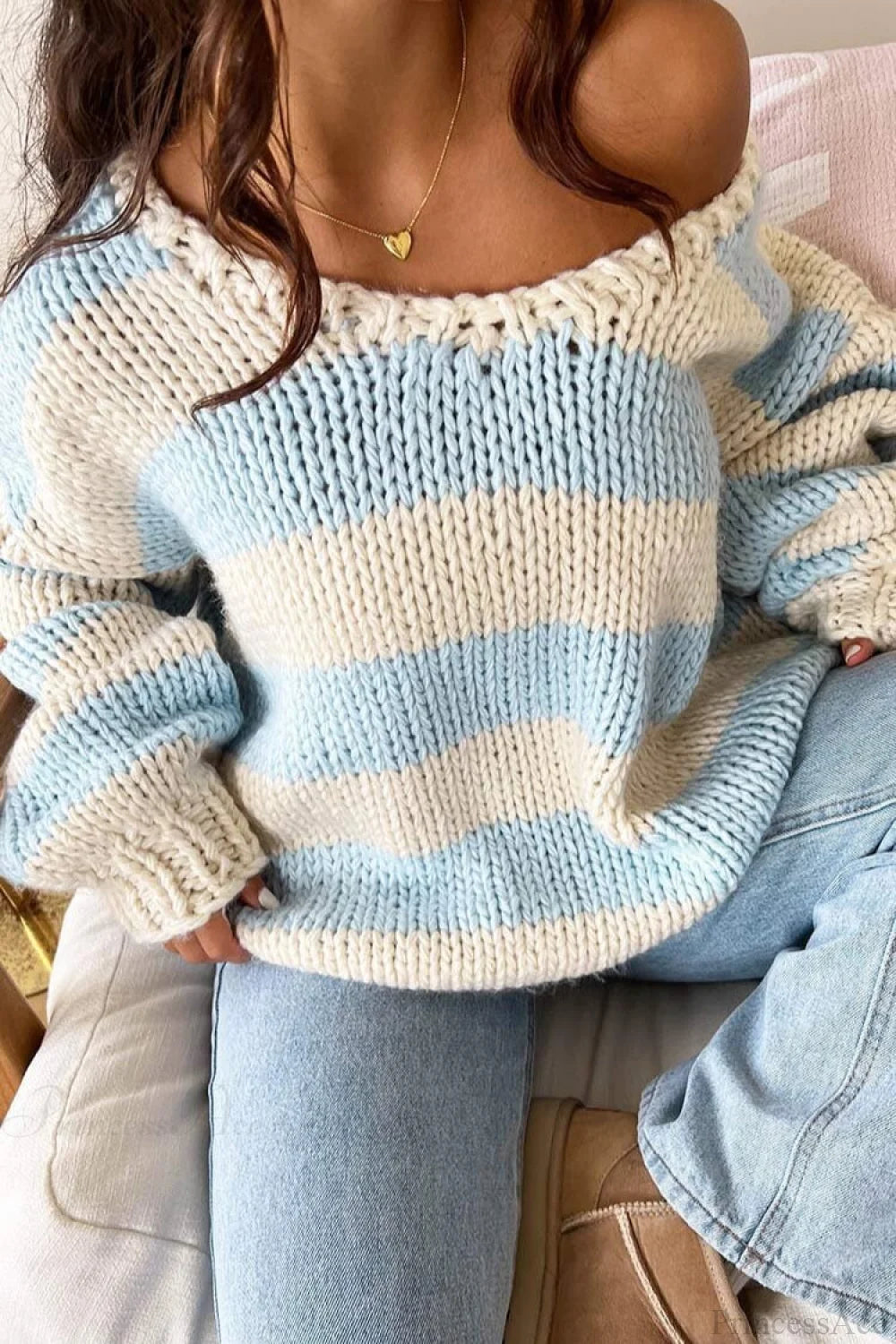 Casual Loose Off-Shoulder Striped Sweet Sweater