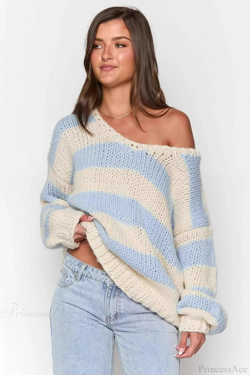 Casual Loose Off-Shoulder Striped Sweet Sweater Blue / S