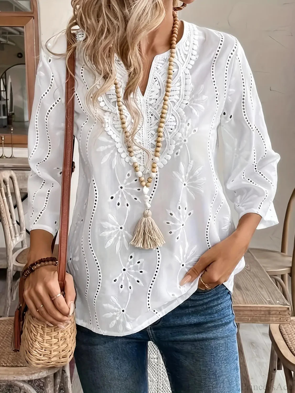 Casual Loose V-neck Lace Splicing White Blouse WHITE / S blouse-250126