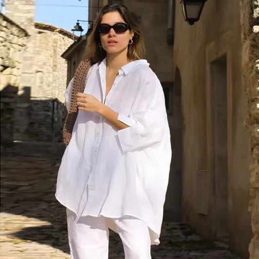Casual Loose White Button-up Half Sleeve Blouse WHITE / M blouse-250126