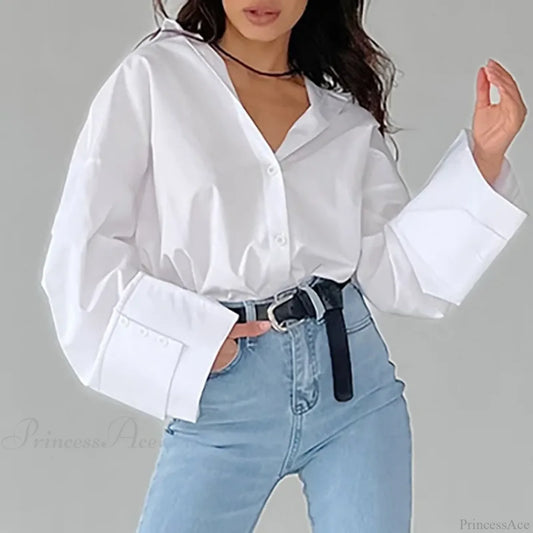 Casual Loose White Shirt Autumn Blouse WHITE / S blouse-250126