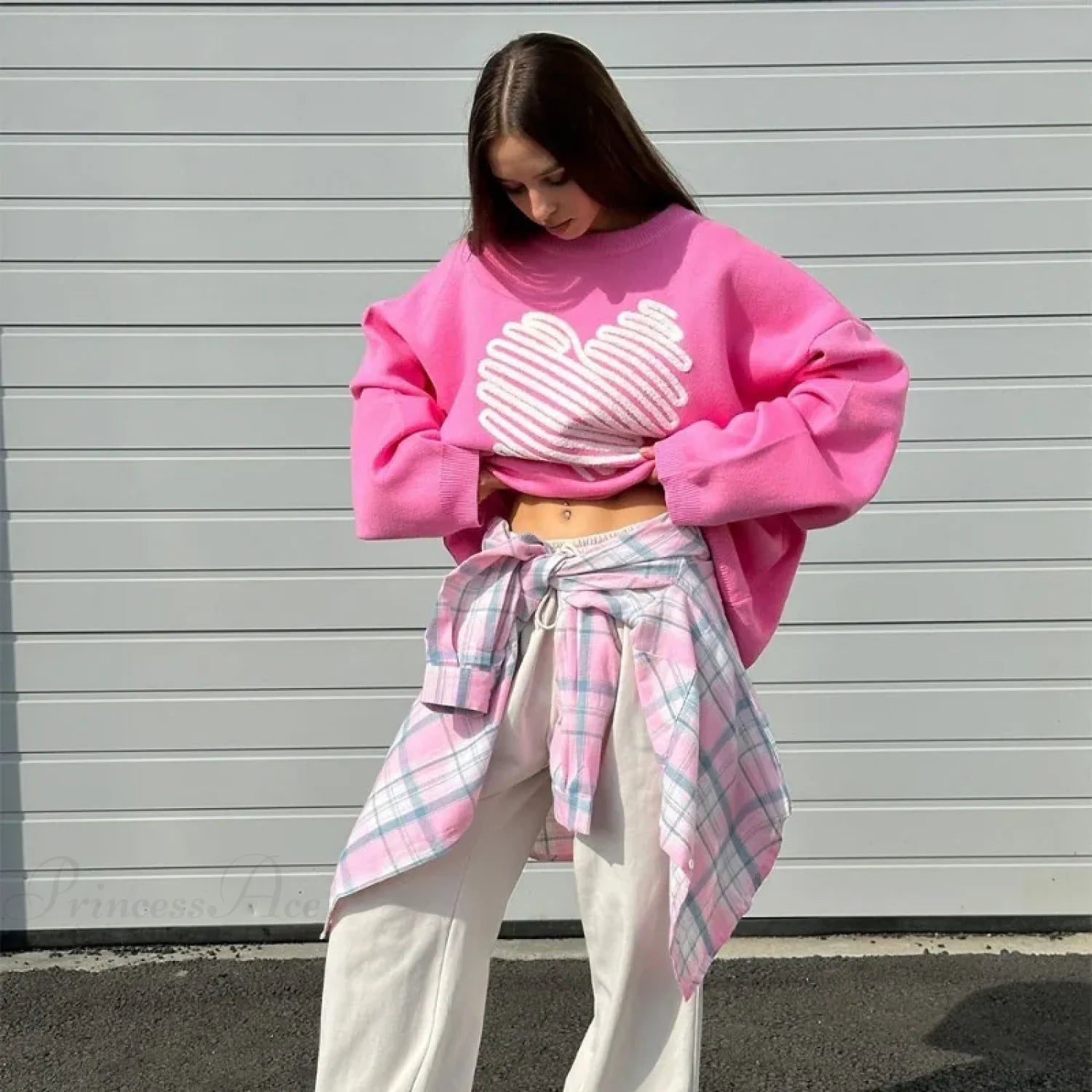 Casual Love Print O-neck Long Sleeve Sweater Pink / S