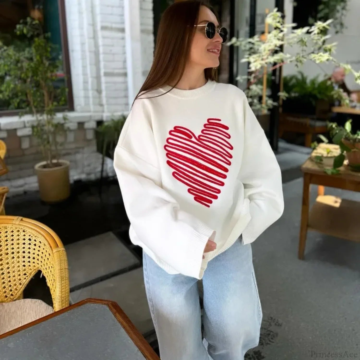 Casual Love Print O-neck Long Sleeve Sweater WHITE / S