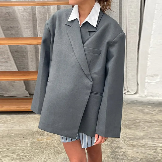 Casual Oversized Luxury One Button Notched Slit Shoulder Pads Blazer Grey / S