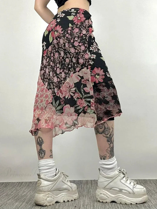 Casual Patchwork Floral Straight Slim Mid-Waisted Maxi Skirt Streetwear skirt-250126