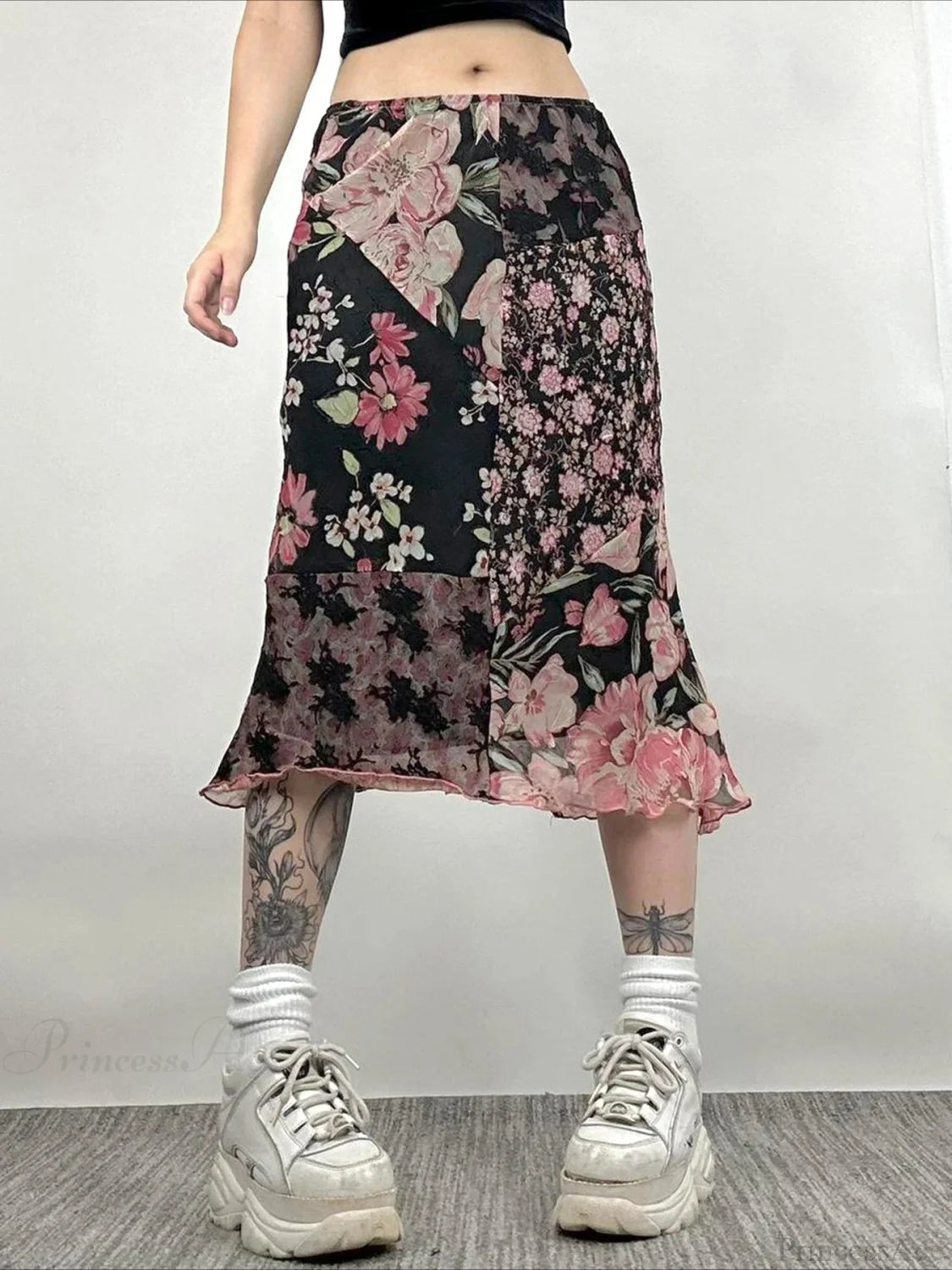 Casual Patchwork Floral Straight Slim Mid-Waisted Maxi Skirt Streetwear Black / S skirt-250126