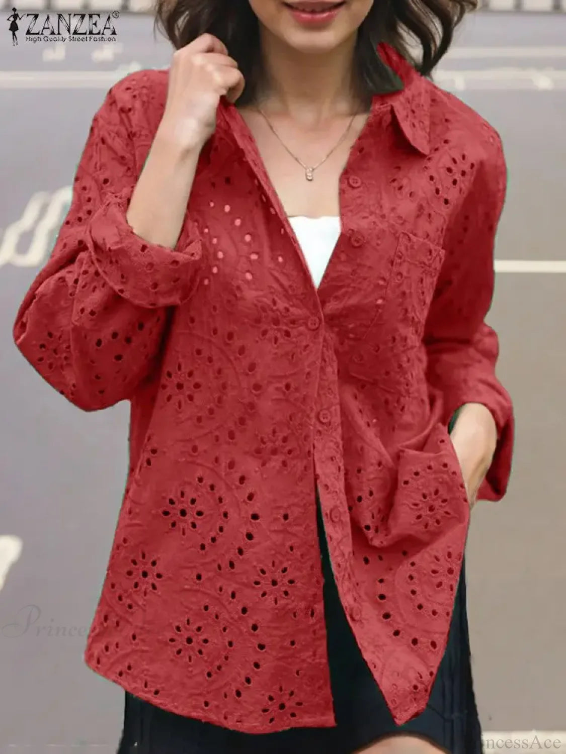 Casual Patchwork Turn-down Collar Embroidered Blouse Red / S blouse-250126