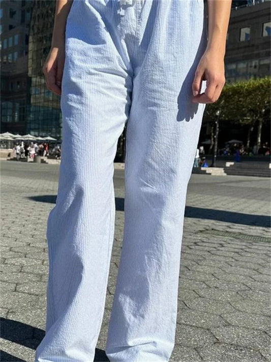 Casual Pinstripe Drawstring Loose Straight Street Pants Blue / S pant-250223