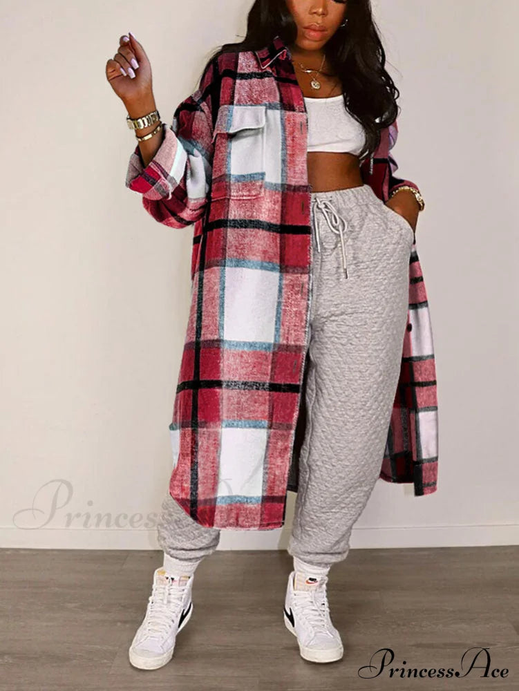 Casual Plaid Graceful Printed Shirt Red / S Coats-L