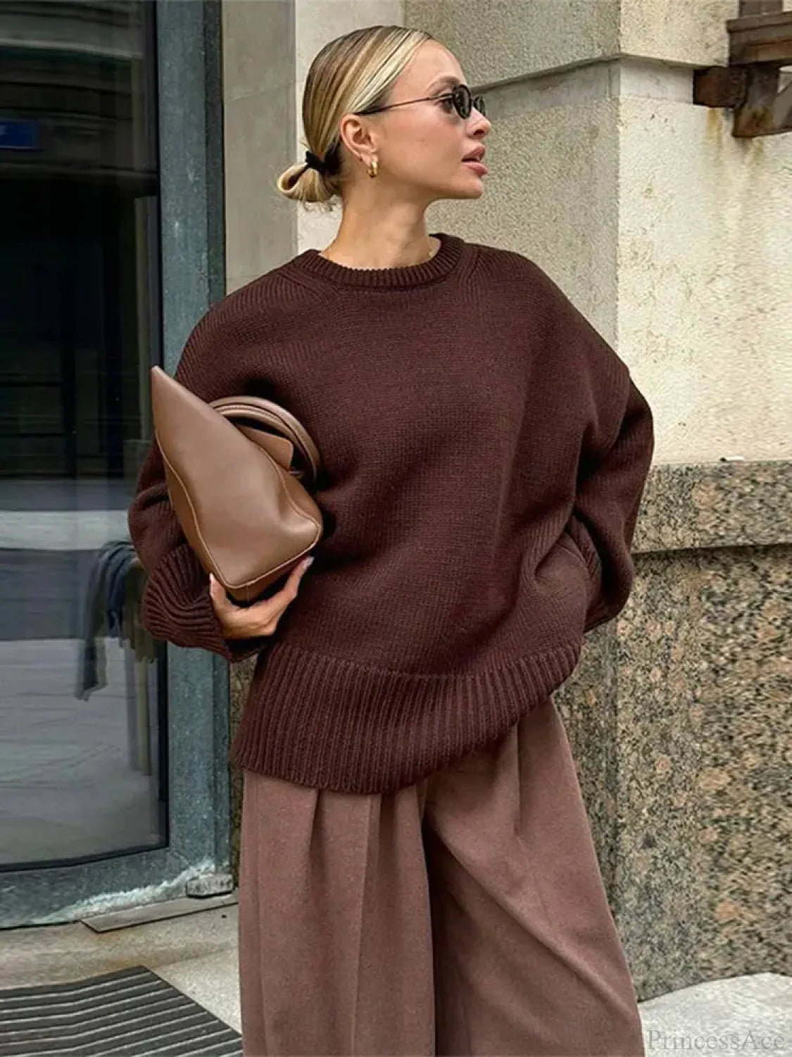 Casual Retro Long Sleeve Sweater Brown / S