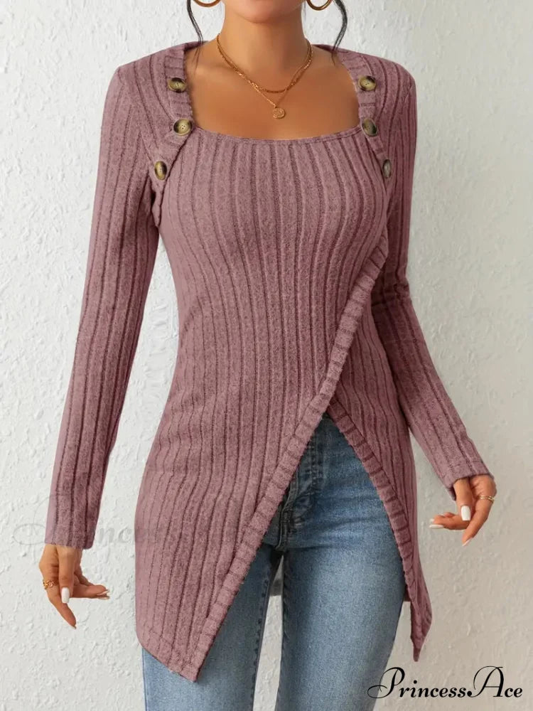 Casual Ribbed Long Sleeve Top Dress With Asymmetrical Hem S / Apricot Long Sleeve Sweater Dress