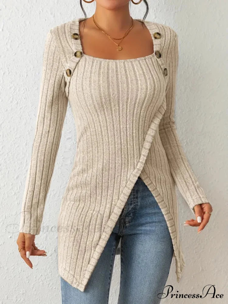 Casual Ribbed Long Sleeve Top Dress With Asymmetrical Hem S / Black Long Sleeve Sweater Dress