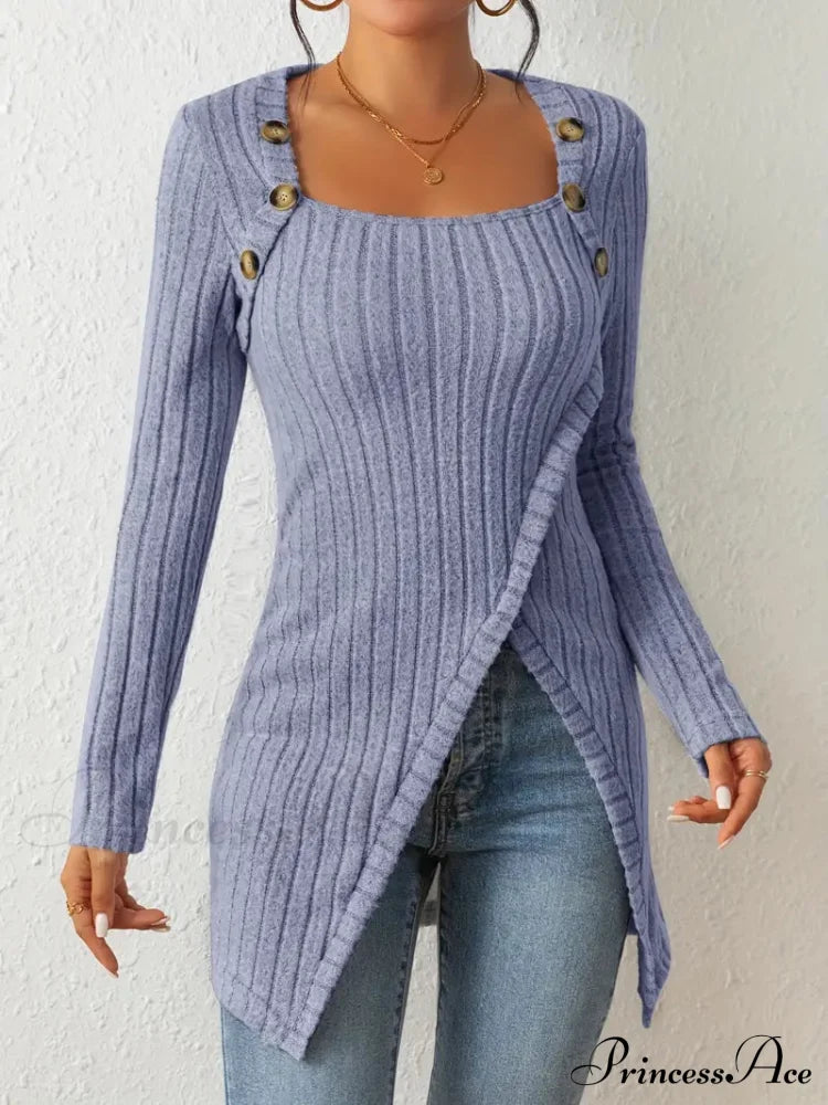 Casual Ribbed Long Sleeve Top Dress With Asymmetrical Hem S / Steel Blue Long Sleeve Sweater Dress