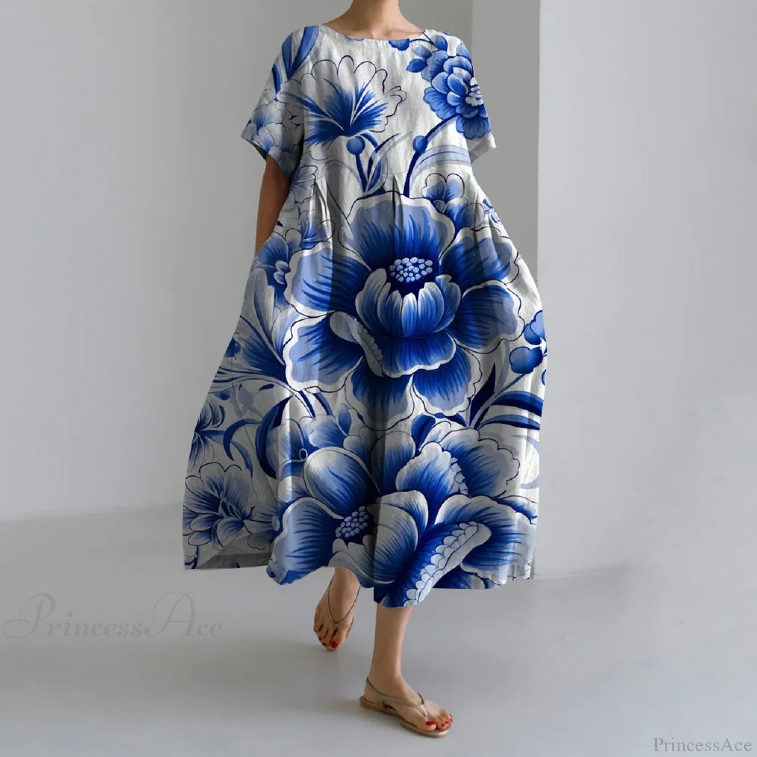 Casual Round Neck Floral Print Loose Long Summer Dress blue / S oldfloraldress-250126