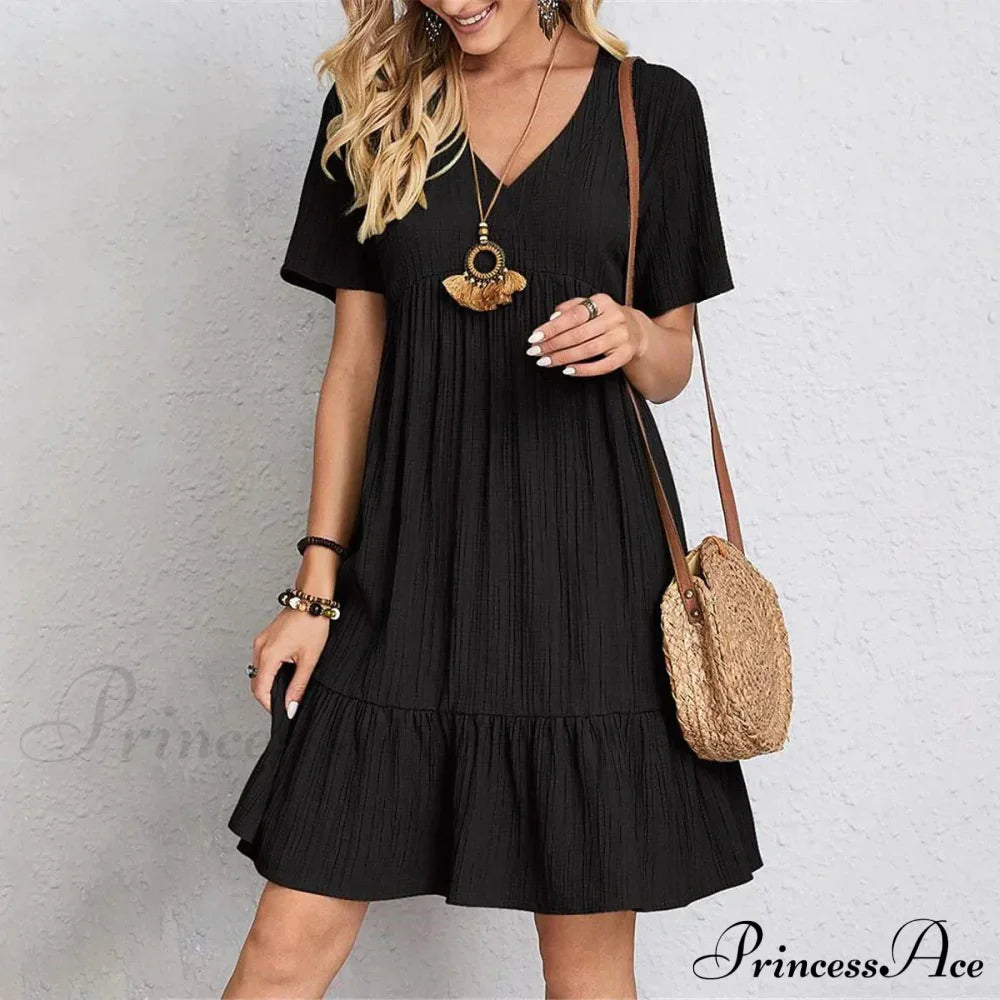 Casual Ruffle V Neck Midi Shift Dress For Women