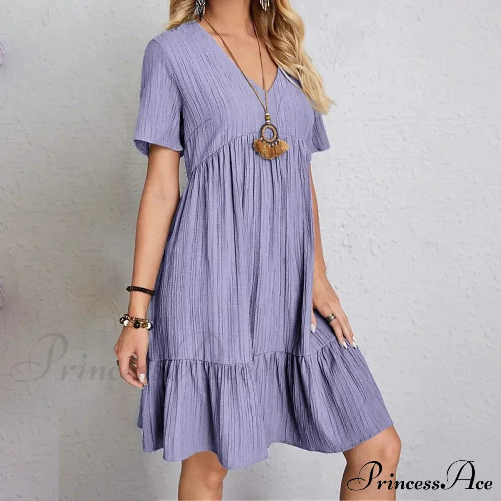 Women's Casual Dress Ruffle V Neck Midi Shift Dress Purple __stock:400 casual dresses clothes dresses refund_fee:1200