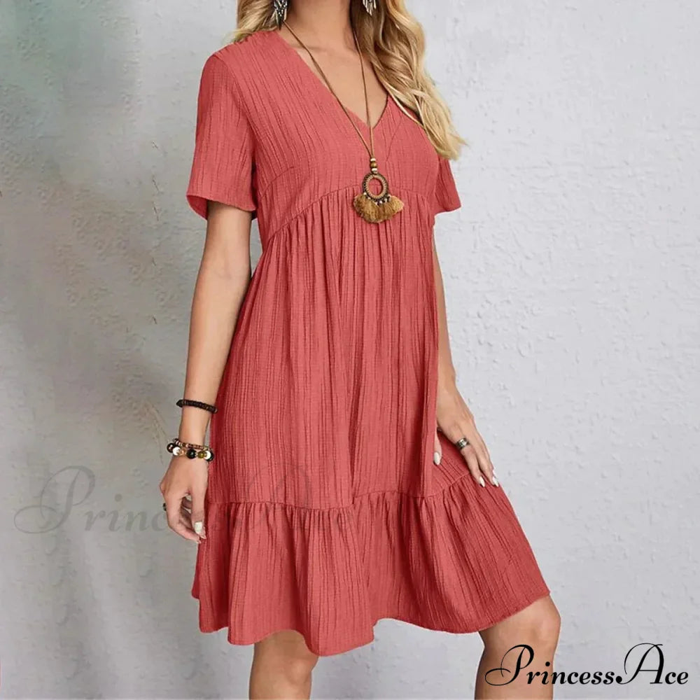 Women's Casual Dress Ruffle V Neck Midi Shift Dress Red __stock:400 casual dresses clothes dresses refund_fee:1200