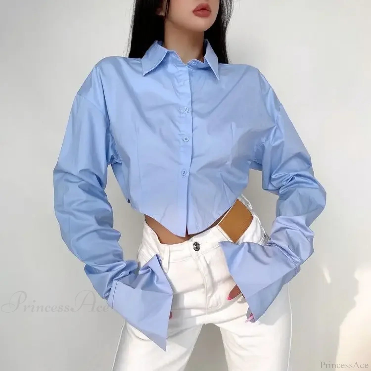 Casual Single Breasted Turn Down Collar Short Sleeve Blouse Blue / S blouse-250126