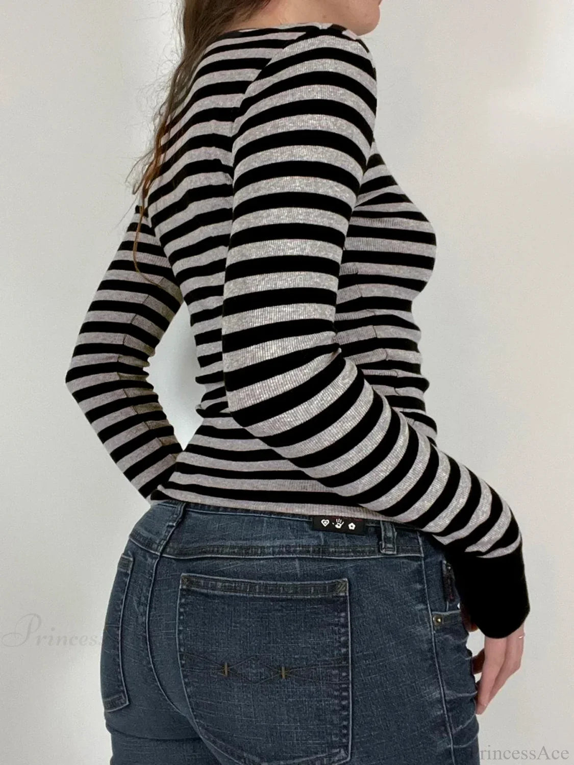 Casual Slim Striped Autumn Spring Basic O-Neck Knit Top Black / S knittop-250126