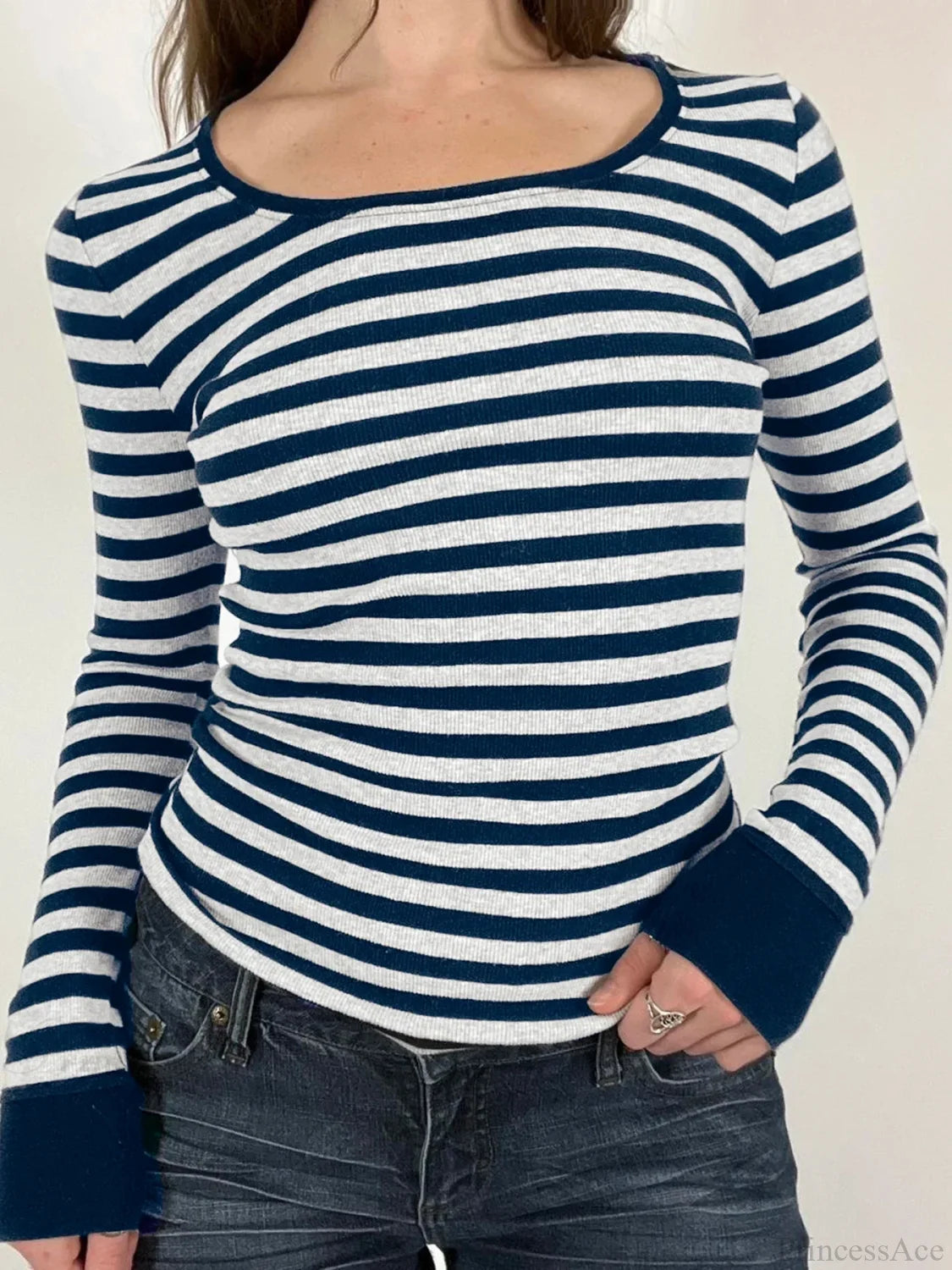 Casual Slim Striped Autumn Spring Basic O-Neck Knit Top knittop-250126