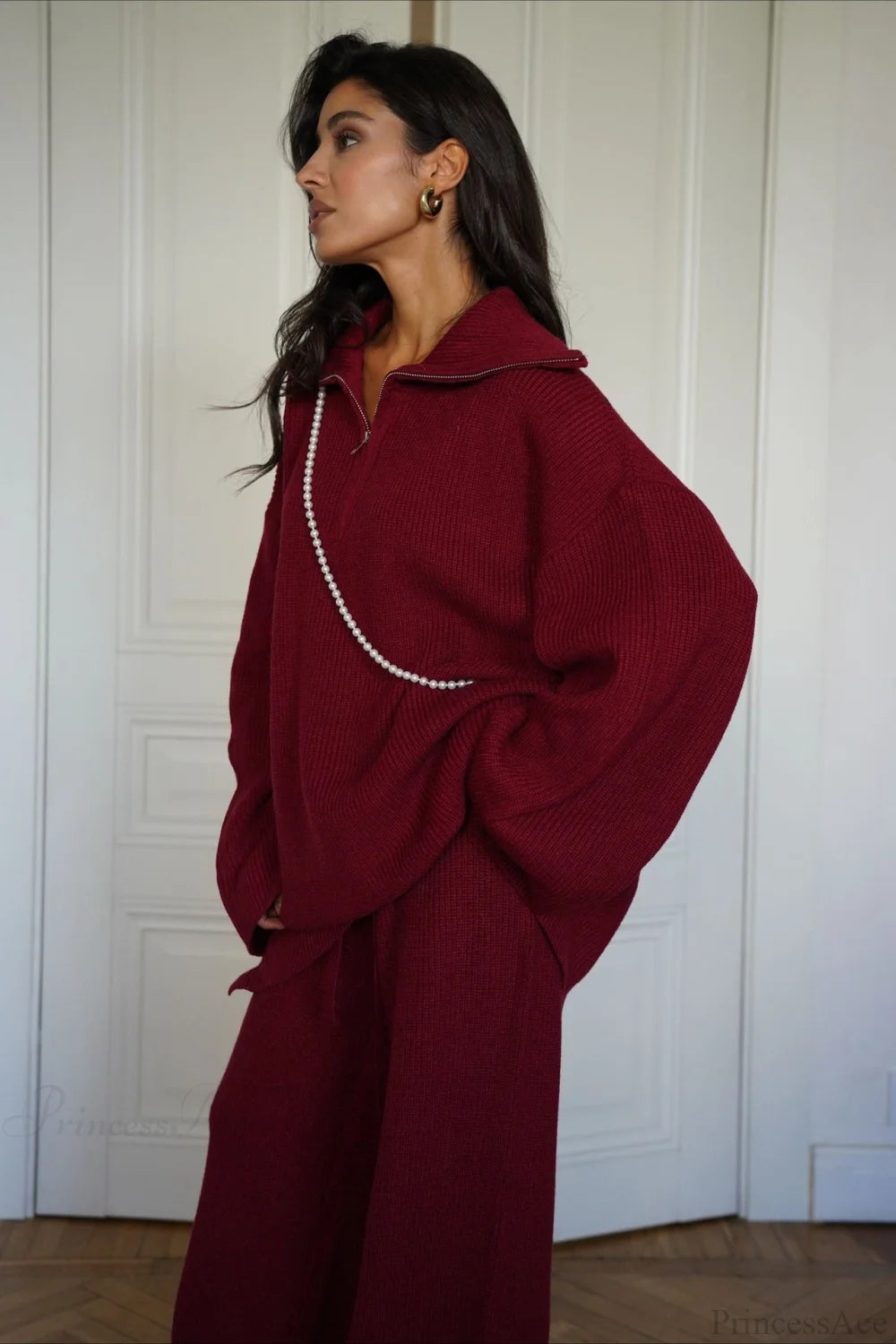 casual Solid Angora Red Half-Zip Knit Two Piece Set