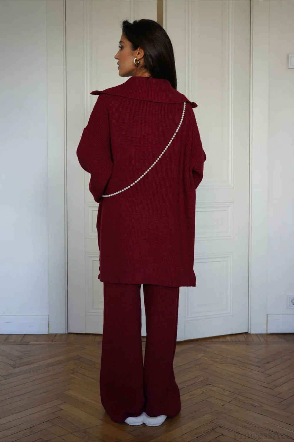 casual Solid Angora Red Half-Zip Knit Two Piece Set