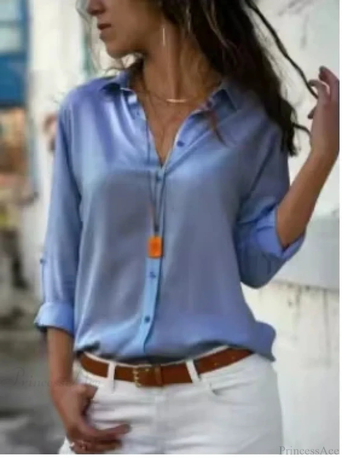 Casual Solid Color Long Sleeve Button Blouse Baby blue / S blouse-250126