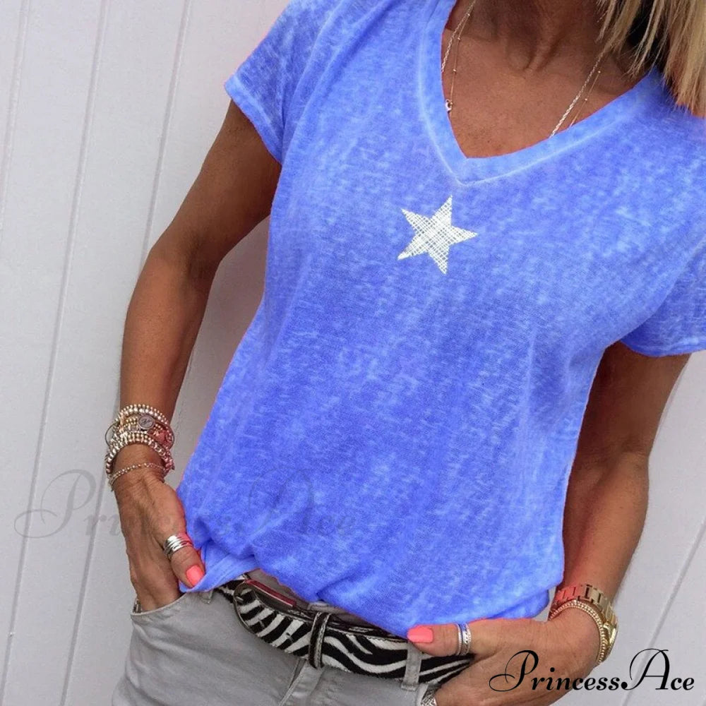 Casual Solid Color Short Sleeve V Neck T-Shirt B Blue / S