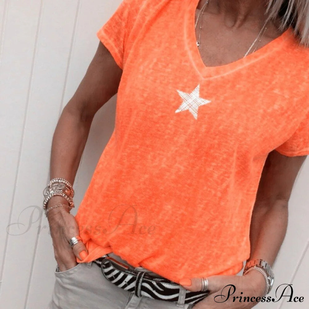 Casual Solid Color Short Sleeve V Neck T-Shirt B Orange / S