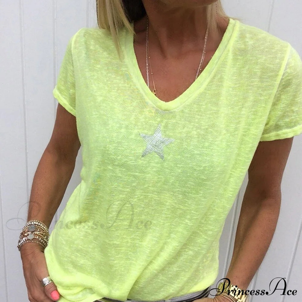 Casual Solid Color Short Sleeve V Neck T-Shirt B Yellow / S