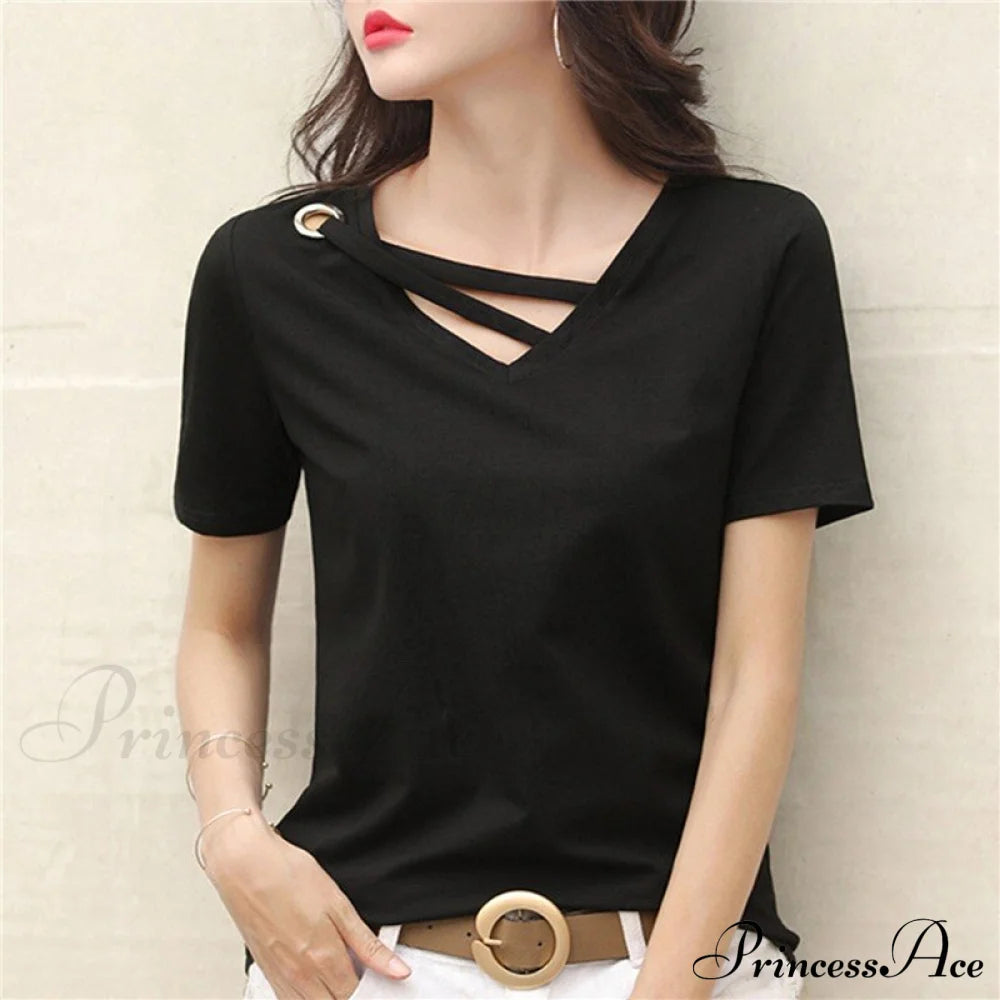 Casual Solid Color Short Sleeve V Neck T-Shirt D Black / S
