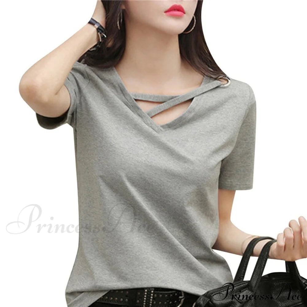 Casual Solid Color Short Sleeve V Neck T-Shirt D Gray / S