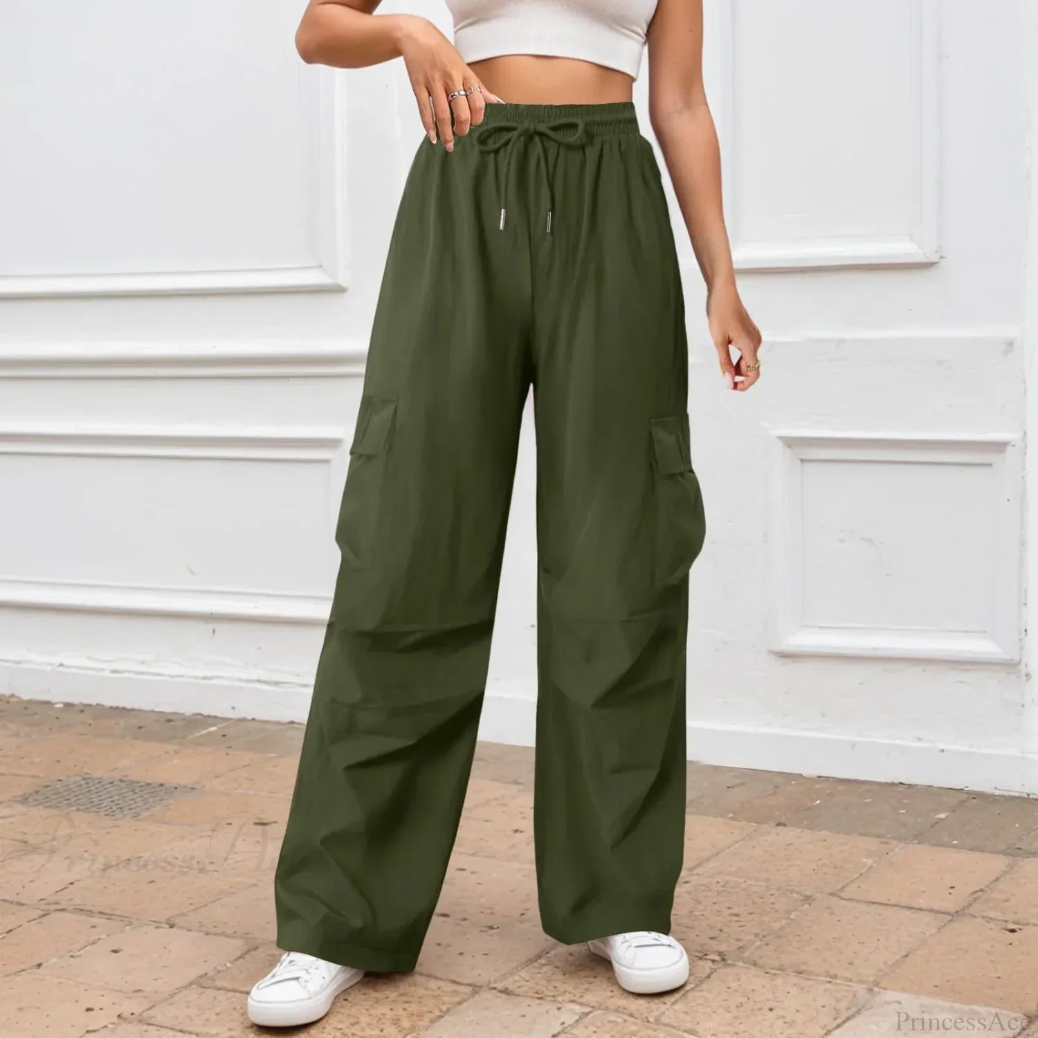 Casual Solid Color Wide Leg Pants Green / S
