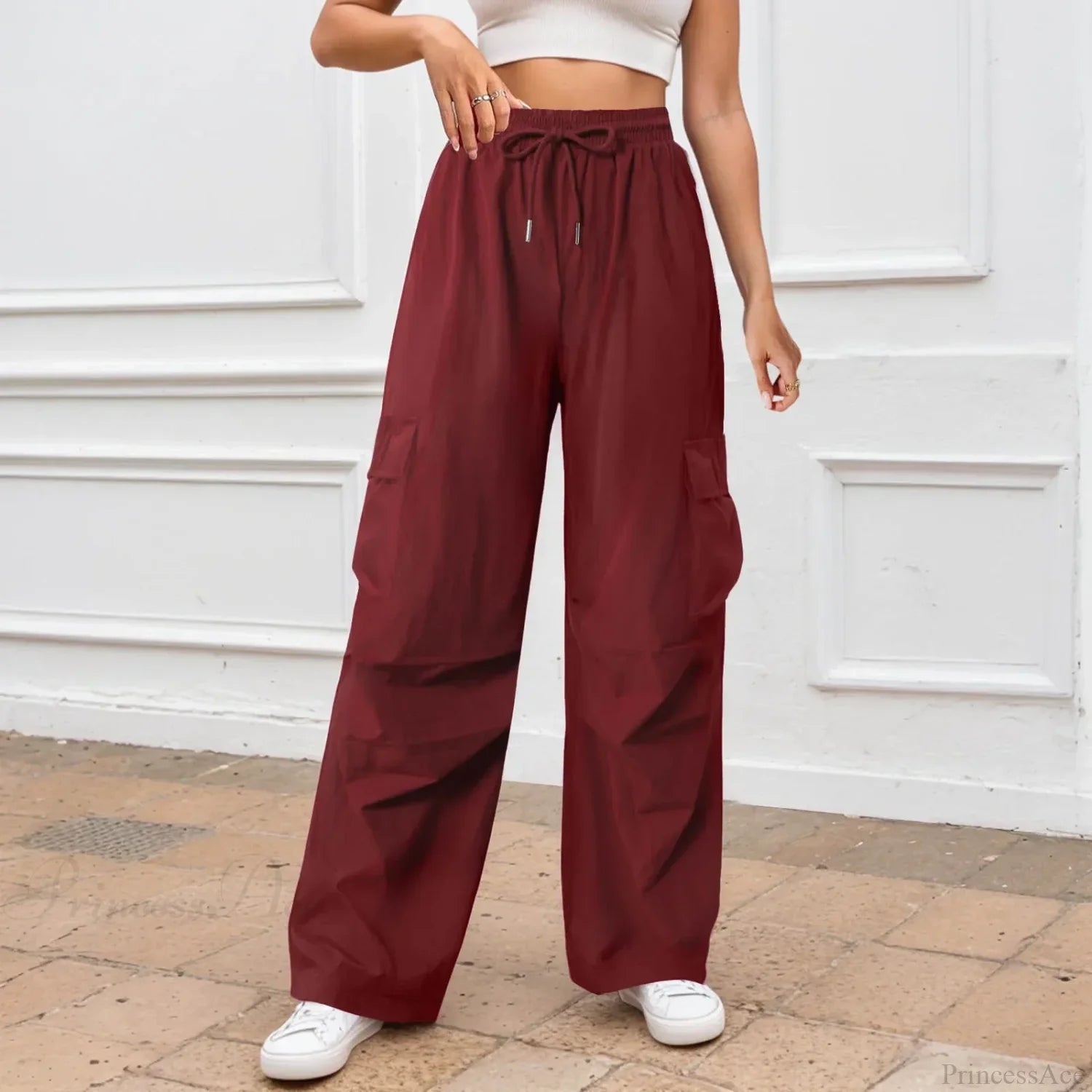 Casual Solid Color Wide Leg Pants Red / S