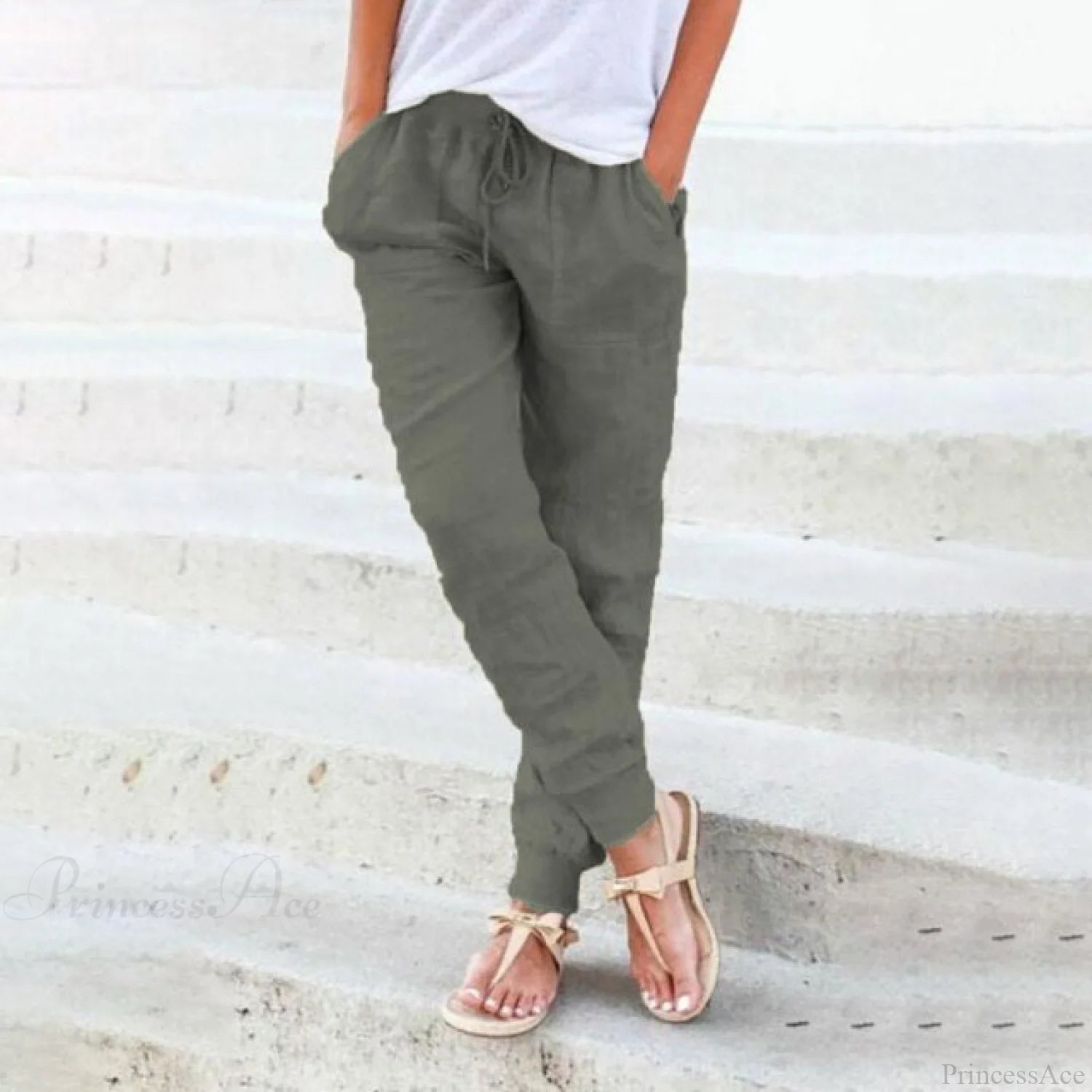 Casual Solid Elastic Waist Loose Pants Dark Green / S