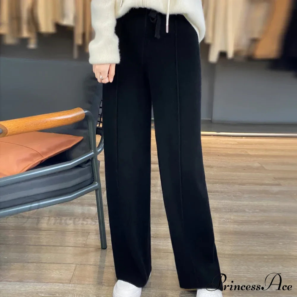Casual Thick Knitted Elastic High Waist Loose Wide Leg Long Striped Pants