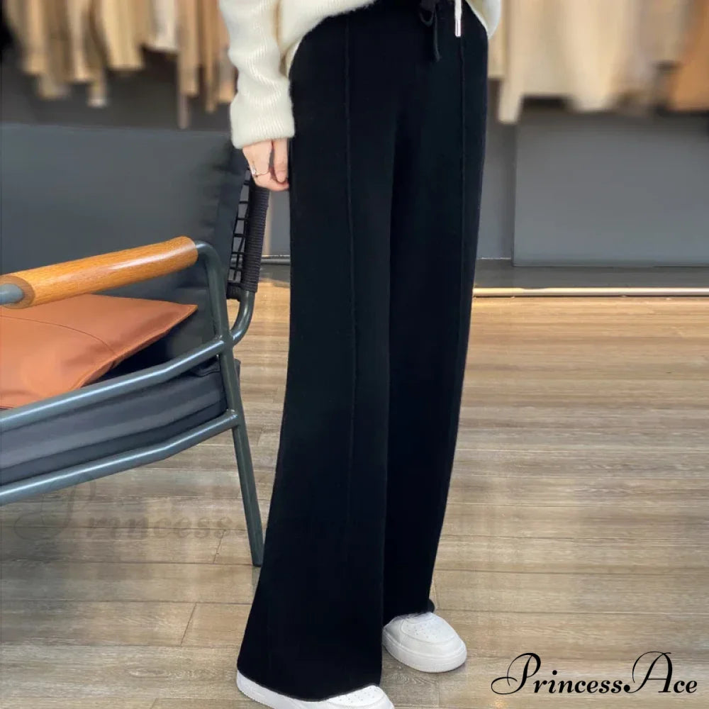 Casual Thick Knitted Elastic High Waist Loose Wide Leg Long Striped Pants Black / S