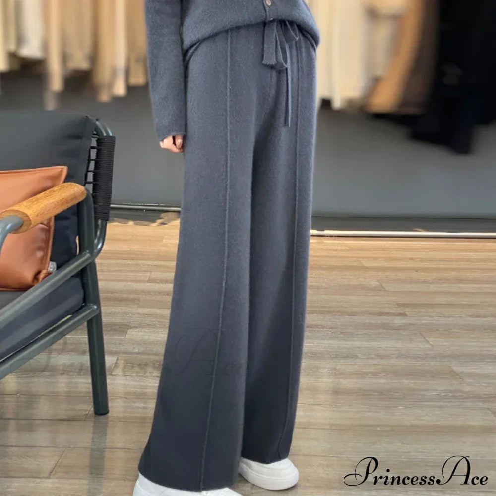 Casual Thick Knitted Elastic High Waist Loose Wide Leg Long Striped Pants Dark Grey / S
